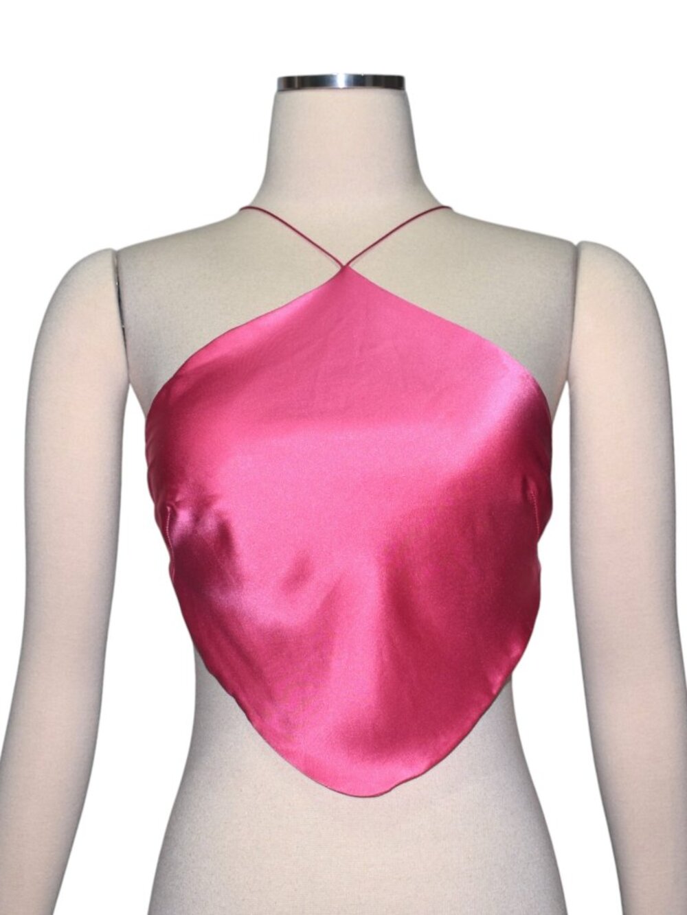 100% Silk Pink Halter Ties Handkerchief Crop Top Open Back Natalie Rolt 1 4 XS